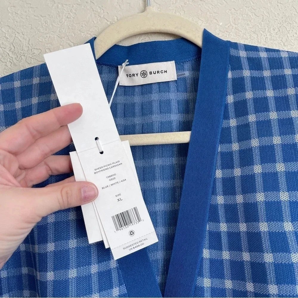 NWT Tory Burch Sheer Plaid Boyfriend Cardigan Blue White long sleeve sweater